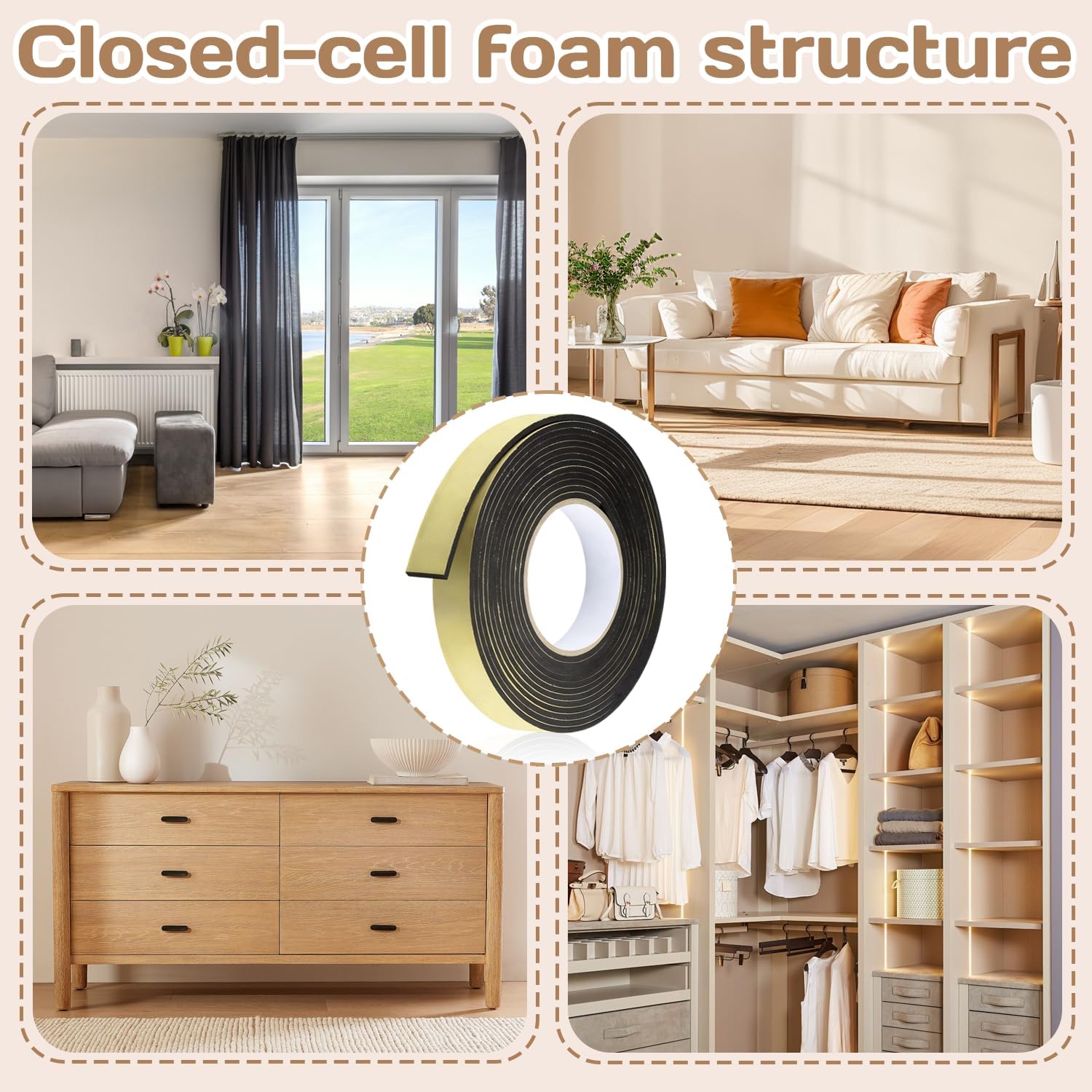 Foam Insulation Tape 0.12'' x 0.39" x 16Ft Density Foam Adhesive Soundproofing Waterproofing Weather Sealin Car Speaker Sealing Tape Weather Stripping Door Seal (16Ft x 0.12'' x 0.39")