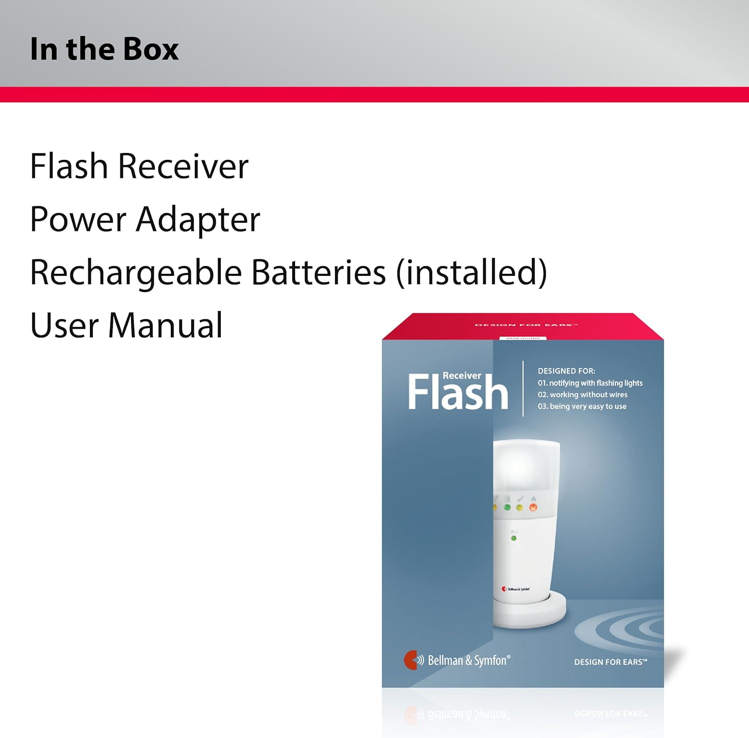 Асты view of the Bellman & Symfon Flash Alert Receiver showing the battery compartment with four rechargeable batteries.