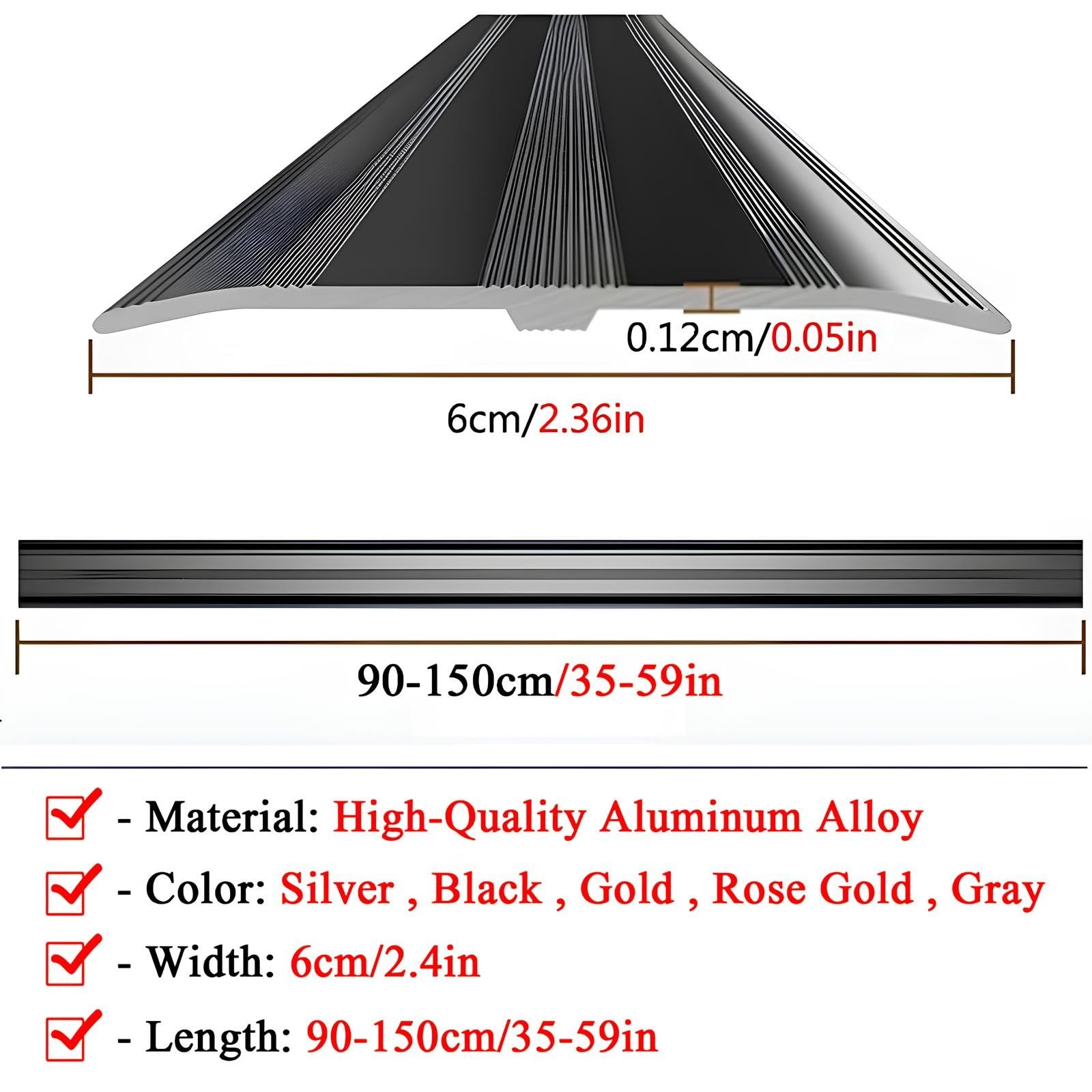 Perfil de Transición de Aluminio, Tira de Umbral Perfil de Piso en Anodizado Tapajuntas para Suelo Atornillar Ancho 60mm(Black,140cm/55in)