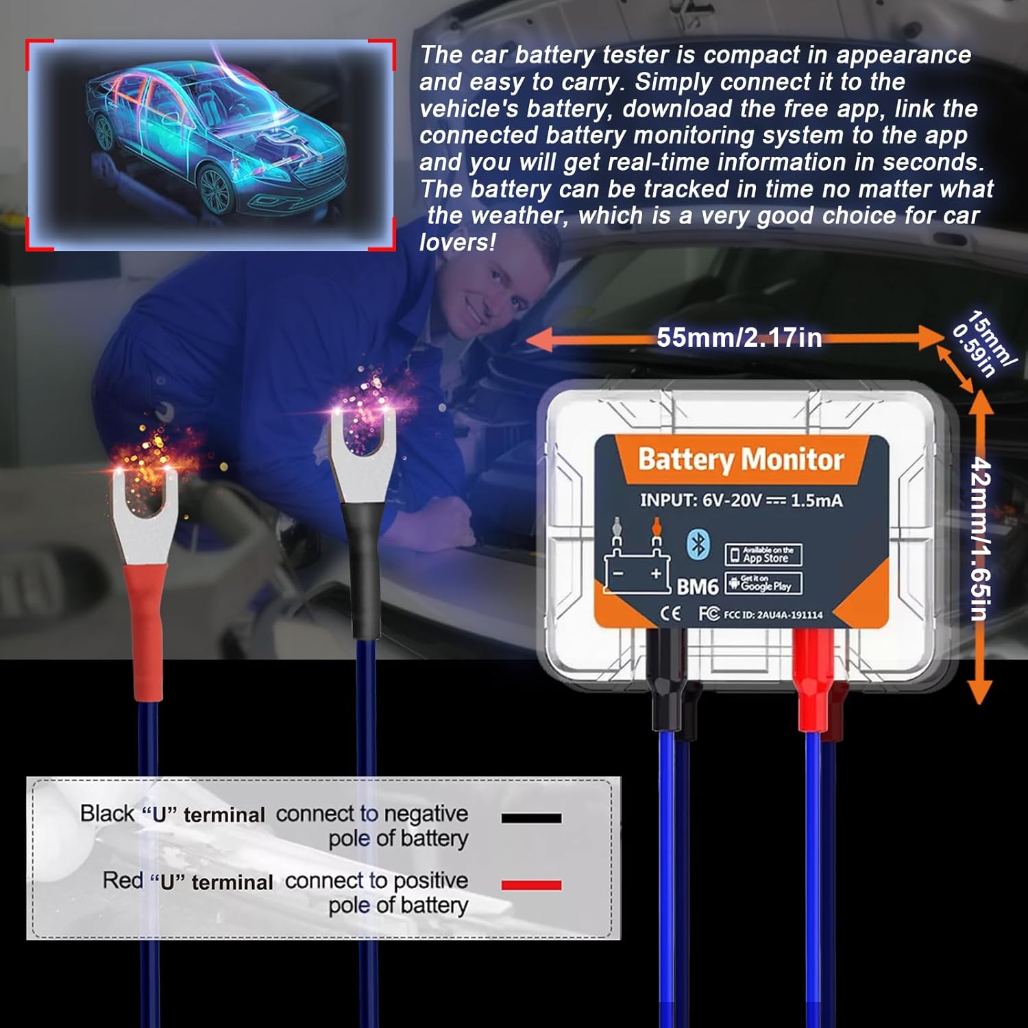 Diagram showing how to connect the iKiKin BM6 battery monitor to a car battery, with the black terminal to negative and red to positive. Dimensions of the device are also shown.