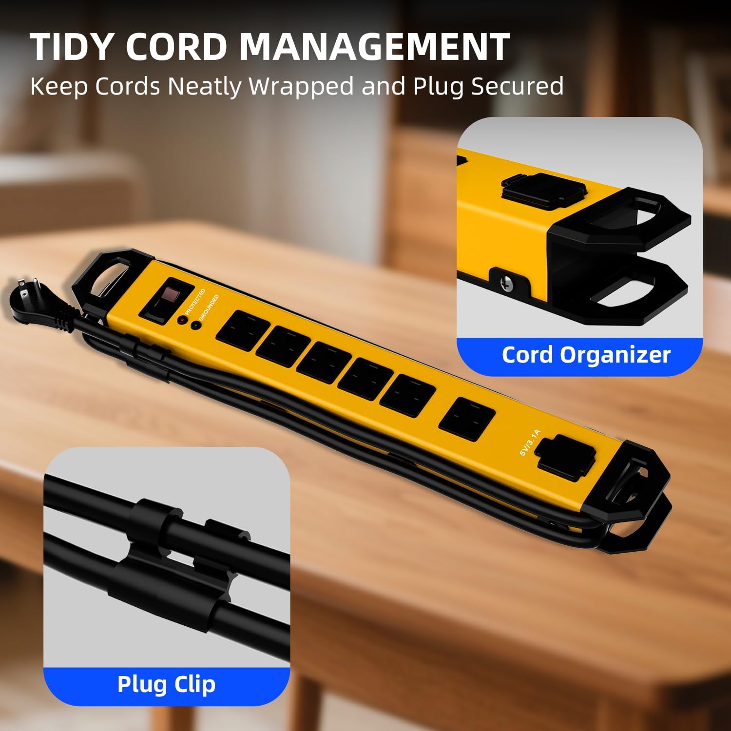 Heavy Duty Metal Power Strip Surge Protector 2100J, 6 Outlets & 2 USB, 15A Circuit Breaker, 6ft Power Cord, 360° Rotating Flat Plug, Wall Mountable for Garage Workshop Industrial, ETL Listed, Yellow