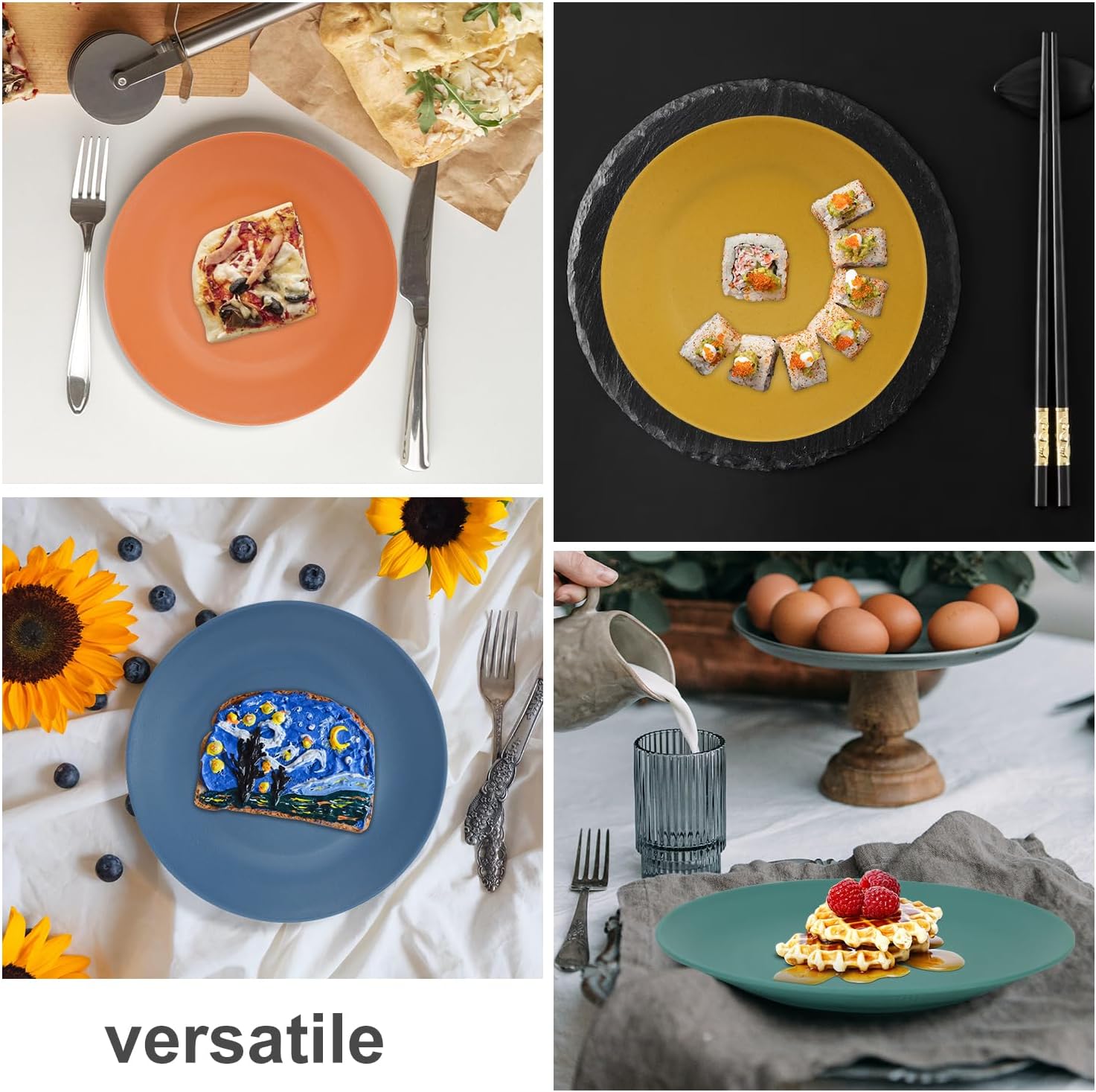 Wrova Wheat Straw Dinner Plates 10 Inch Unbreakable Set of 8 - Dishwasher & Microwave Safe Plastic Plates Reusable - Lightweight Plates for kitchen,camping,salad,appetizer - Colorful - Image 8