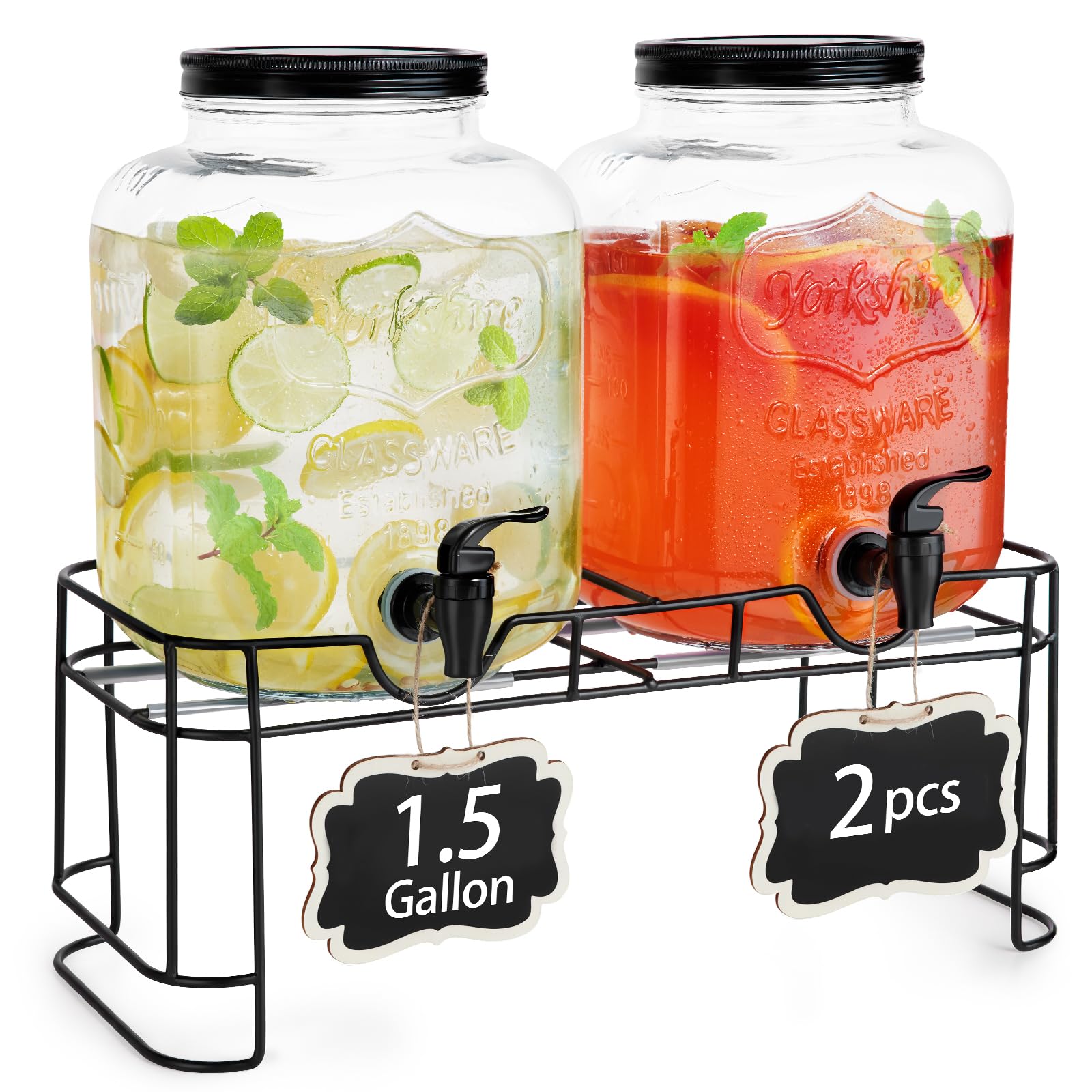FavorFlavor 1.5 Gallon Glass Drink Dispensers with Wooden Stand