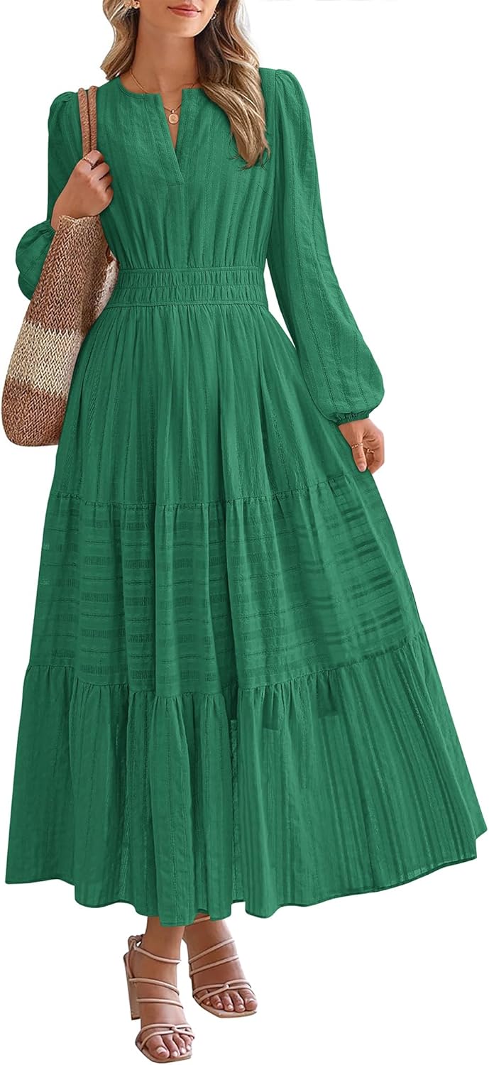 BTFBM Spring Dresses for Women 2026 Casual Long Sleeve V Neck Elastic Waist Lightweight Maxi Wedding Guest Dress Pockets