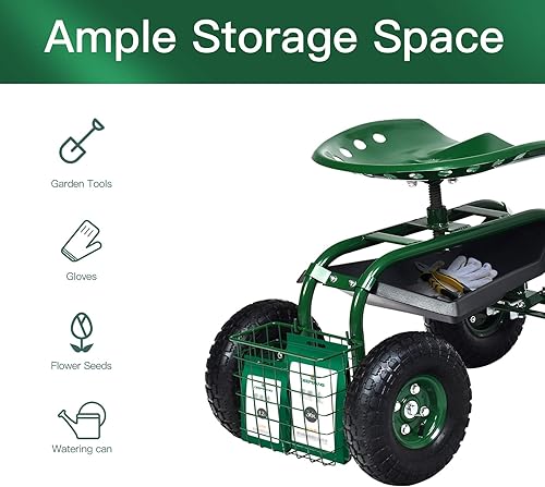 Miniatura 8 de Giantex Carrito de jardín con asiento, asiento de jardín rodante con ruedas, cesta de herramientas, asiento de trabajo de jardinería giratorio 360,