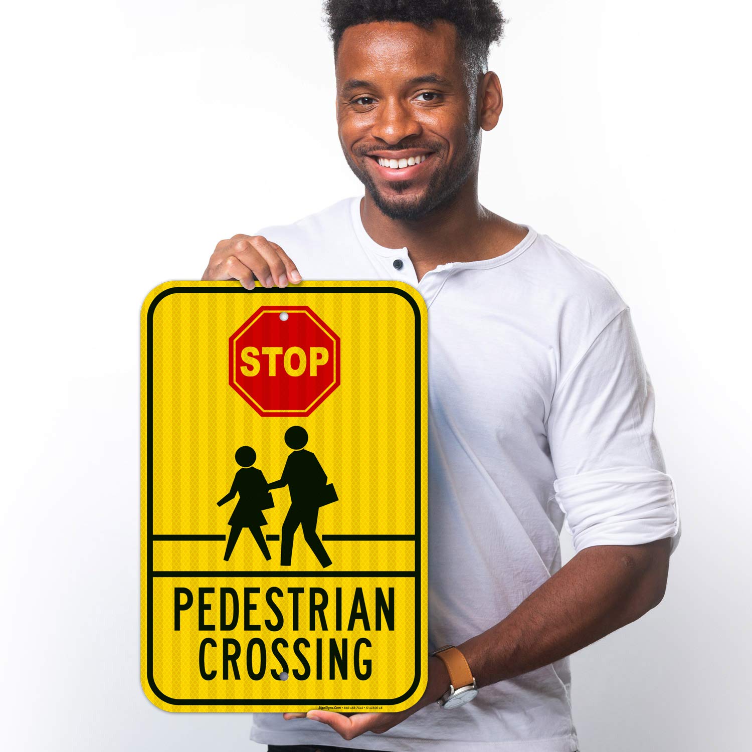 Stop Pedestrian Crossing Sign, 12x18 Inches, 3M EGP Reflective .063 Aluminum, Fade Resistant, Easy Mounting, Indoor/Outdoor Use, Made in USA