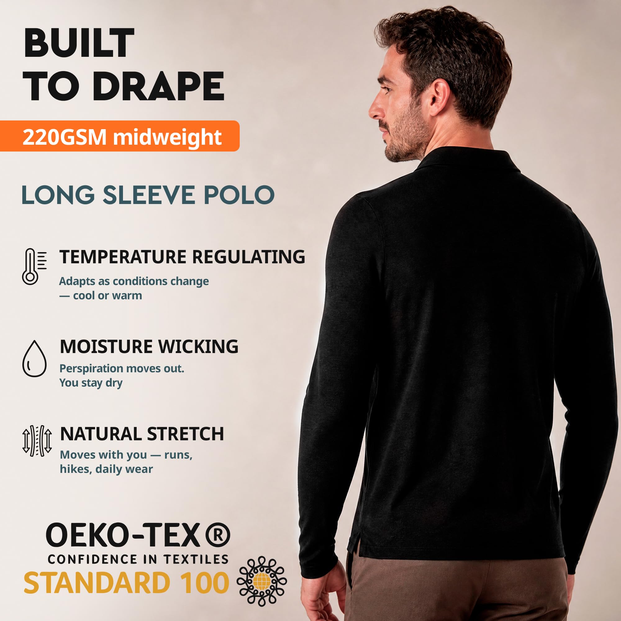 MERINNOVATION Langärmeliges Poloshirt aus Merinowolle für Herren, 100 % Merinowolle, Piqué, feuchtigkeitsableitend