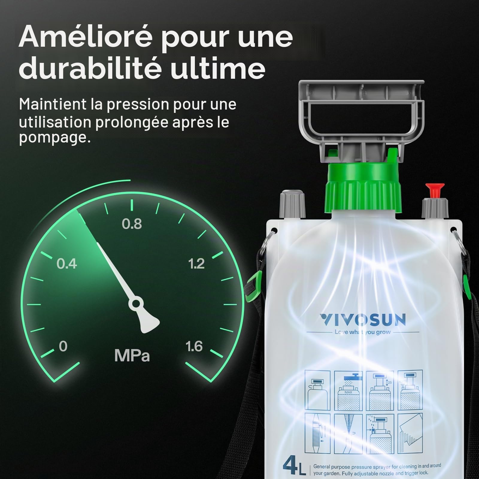 VIVOSUN Pulvérisateur à Pression 4L avec 3 Buses Dont Laiton Réglable, Tuyau 127 cm et Valve de Sécurité pour Désherbage, Traitement des Plantes & Entretien de la Pelouse