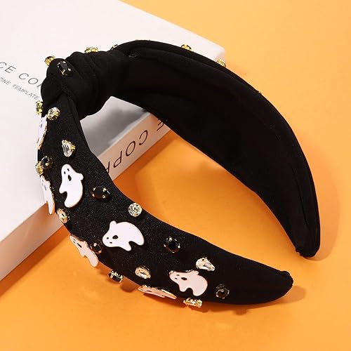 Vista 60 de Diademas de Halloween para mujer, diadema anudada con cuentas de truco o trato, diadema con nudo superior con diamantes de imitación, accesorio