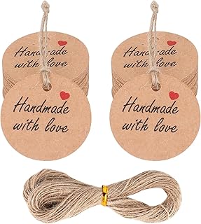 100Pcs 1.2inch Round Handmade with Love Tags with 66 ft String, Kraft Paper Hanging String Gift Labels Personalized Tags for Crafts Candle Wedding Birthday Party Favors