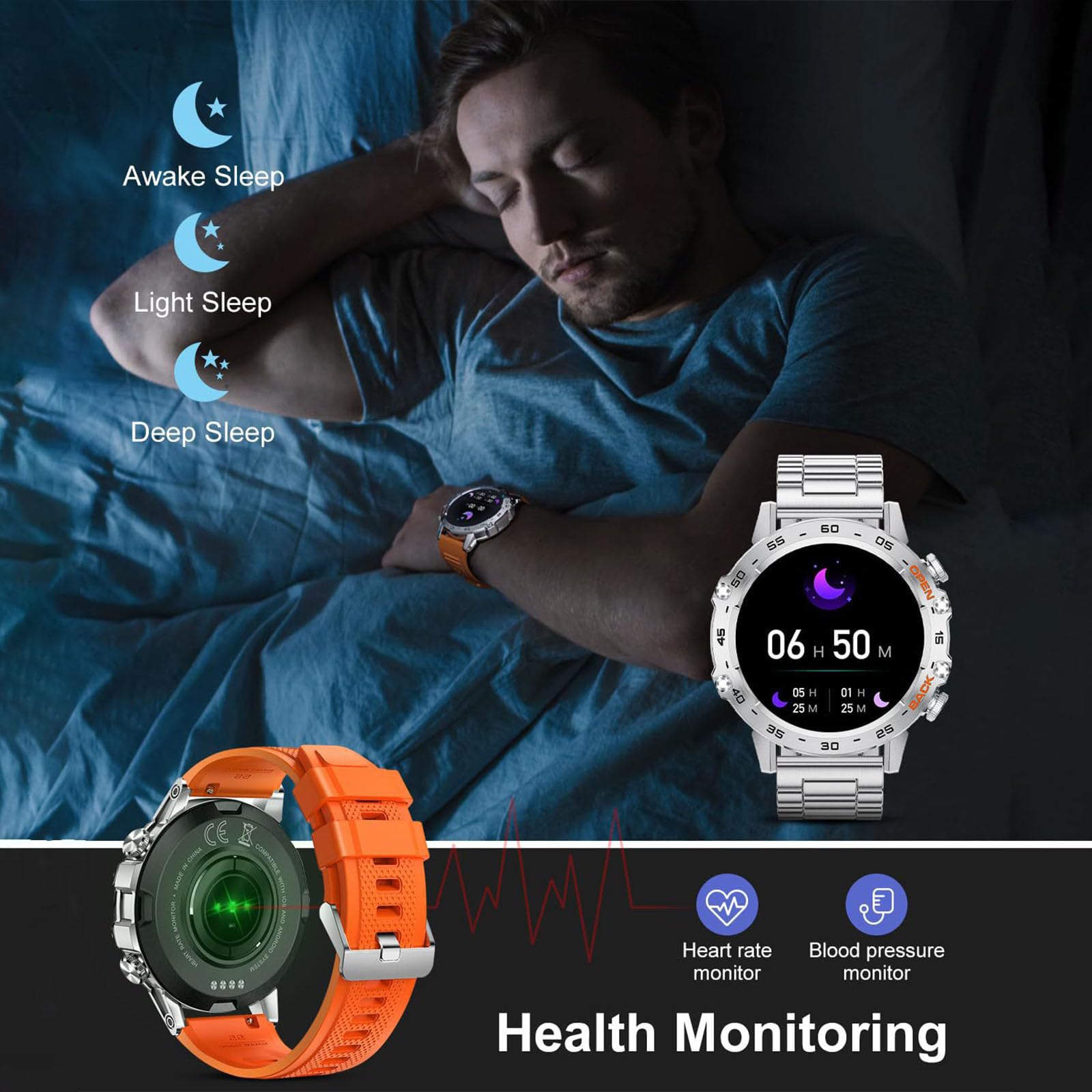 Inteligentne Zegarki Dla Mężczyzn, Inteligentny Zegarek Z Połączeniem Głosowym Bluetooth, Inteligentny Zegarek Z Pulsometrem, SpO2, Ciśnieniomierzem Snu, Wodoodporny Zegarek Taktyczny IP67,A