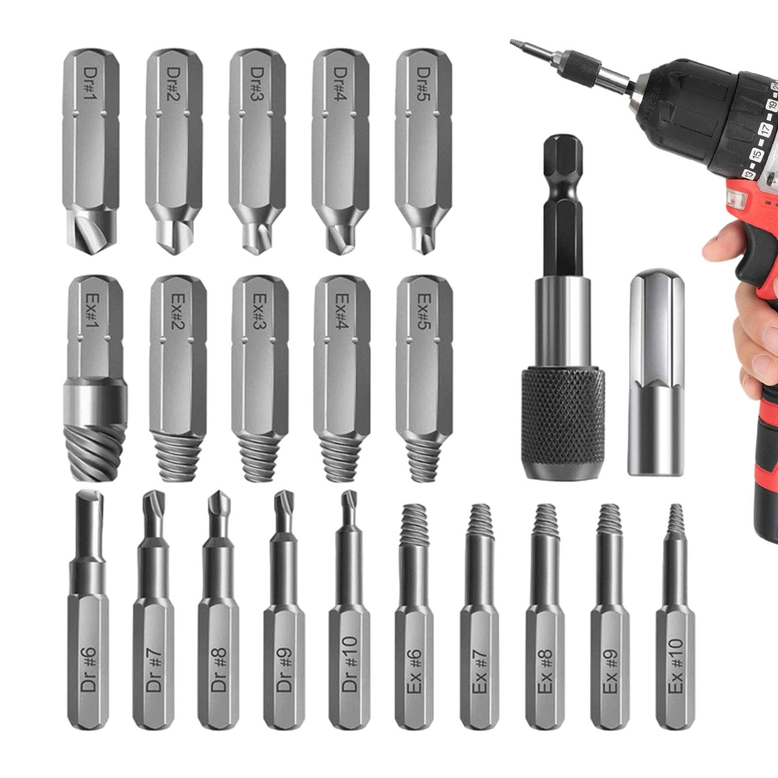 Extracteur de vis endommagées et boulons cassés : kit de retrait 22 pièces pour perceuse