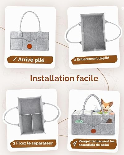 Maliton Panier Rangement Bébé Portable en Feutre avec Poignée Compartiments Détachables, Pour la table à langer ou la chambre du bébé, Pour les couches, lingettes et inserts, Gris - 9