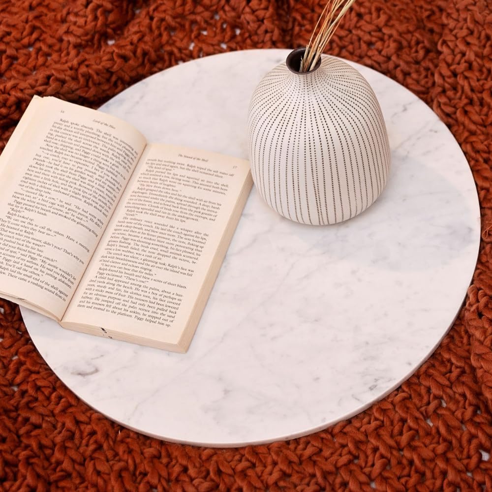White Marble Cake Stand Flat Centerpiece Round for Wedding Birthday Party Dessert Cupcake Table - 20 Inch