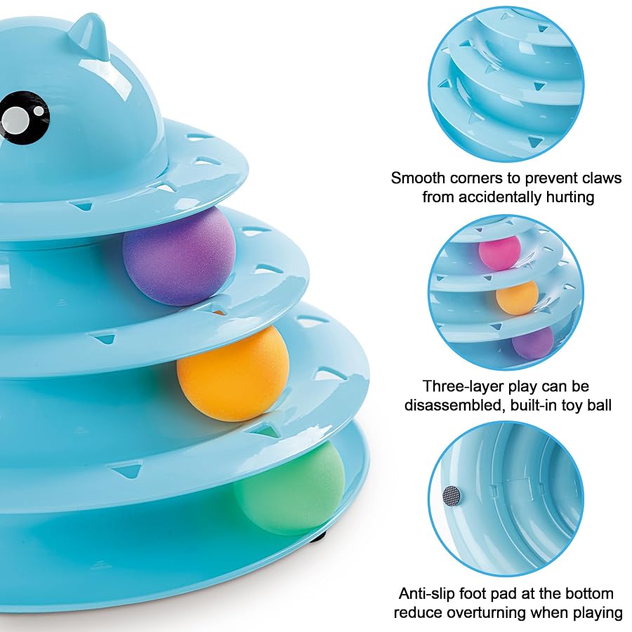 Vealind Cat Ball Three Tier Cat Tower Track Interactive Pet Toy 3-Level Colourful Balls in a Circle Tower Fun Mental Physical Exercise Puzzle for cats