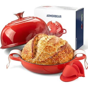 4.7 Litre Enamelled Cast Iron Bread Baking Pot Red Tight-fitting domed lid for steam circulation; flat bottom for easier dough insertion