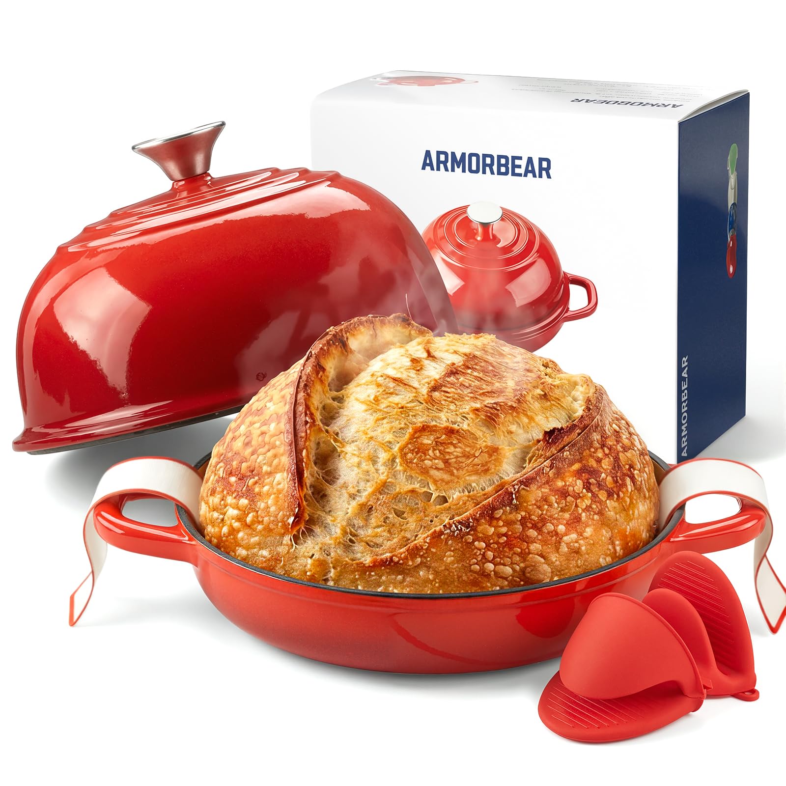 Armorbear Dutch Oven for Bread Making-5QT Cast Iron Sourdough Dutch Oven Pot with Lid, Enameled Round Cast Iron Bread Pot with Dome Lid for Homemade, Gifts for Sourdough Bakers, Red