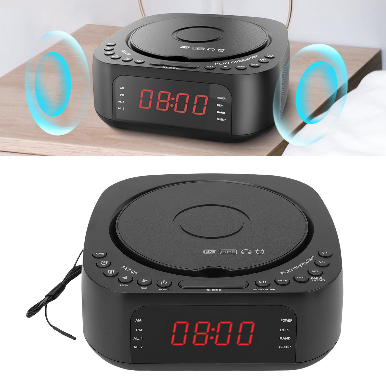 ciciglow Odtwarzacz CD Radio z Budzikiem, Stacjonarny Odtwarzacz CD z Bluetoothem i Przyciemnianym Wyświetlaczem, Radioodtwarzacz z Głośnikiem i Pilotem do Sypialni (wtyczka UE)