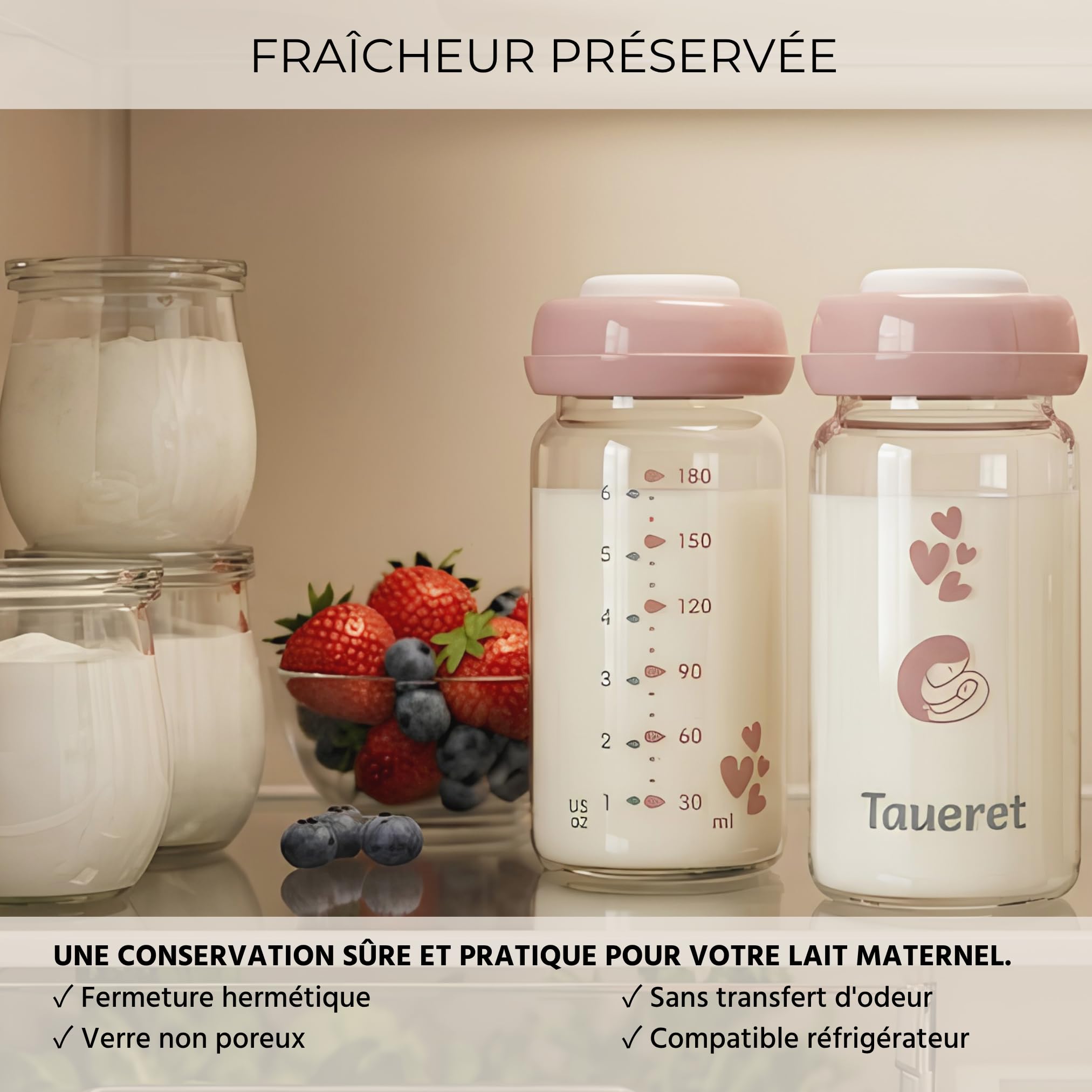 Bouteille lait maternel verre borosilicate 180 ml, pot conservation lait maternel hermétique, contenant réutilisable pour congélation et stockage, sans BPA