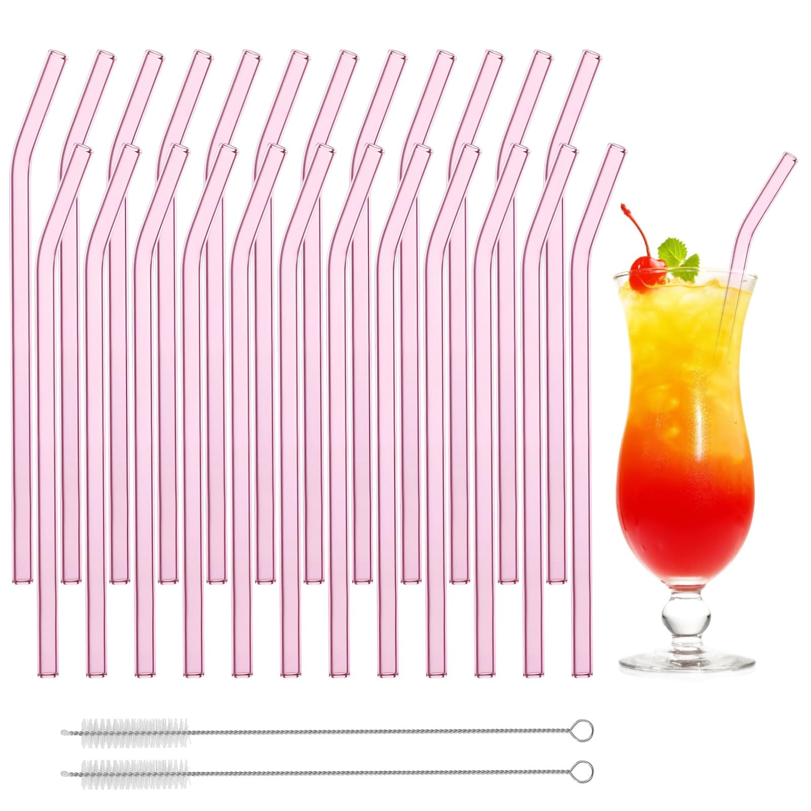 24 Stück Glasstrohhalme, wiederverwendbar, pink, gebogen, aus Borosilikatglas, Trinkhalme für Smoothies, Milchshakes, heiße und kalte Getränke, klare Glasstrohhalme, mit 2 Reinigungsbürsten