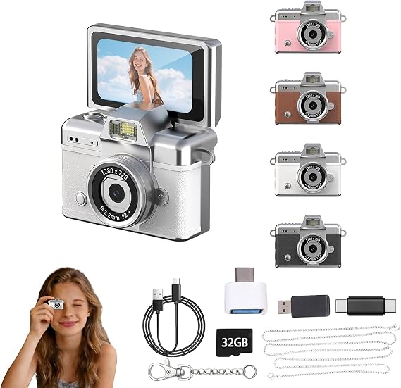 Mini Camera Keychain, 1080P Tiny Camera with Retro Filters, Portable Pocket Camera for Travel and Concerts, Mini Digital Camera with Lanyard (C)