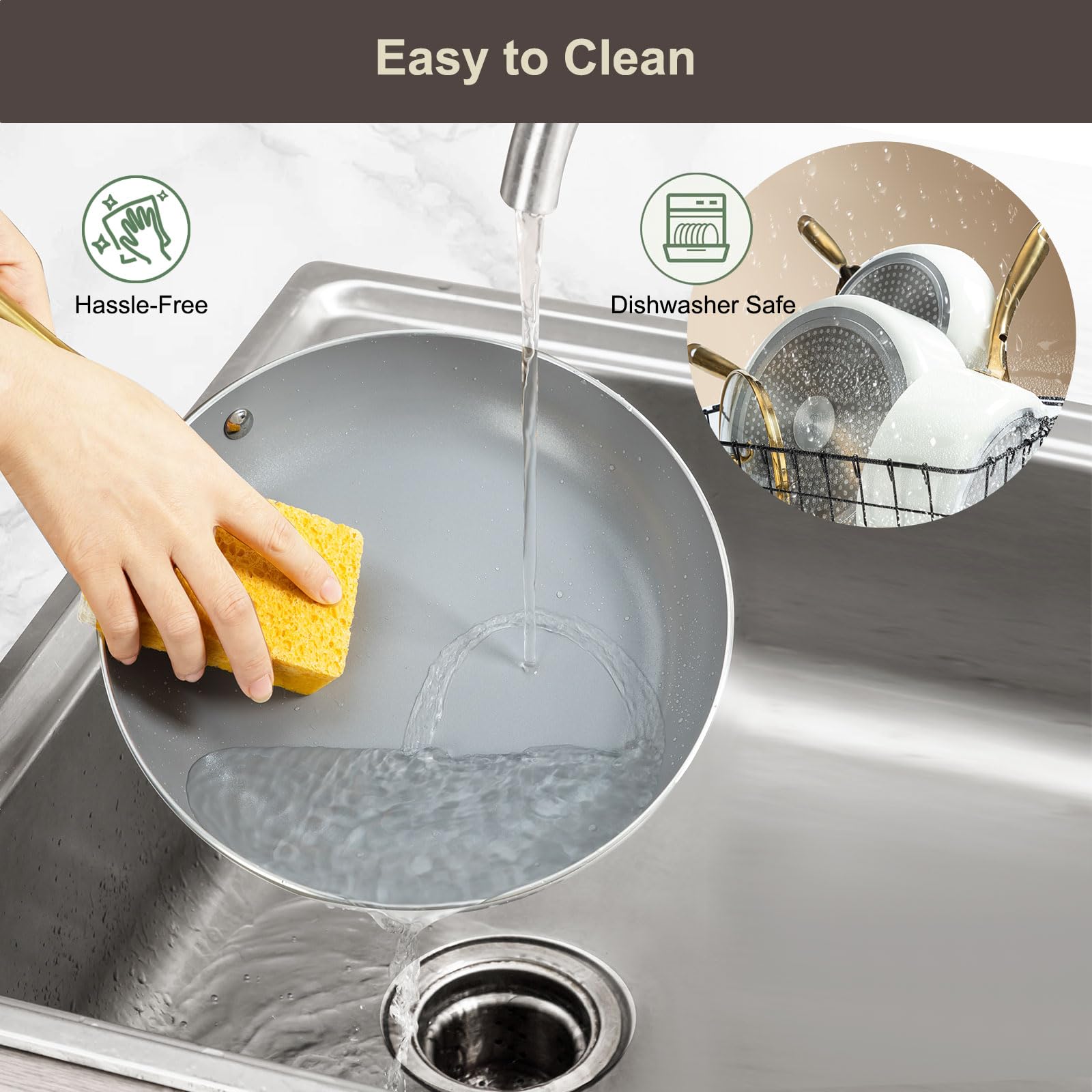 Set di pentole e padelle in ceramica, con coperchio, antiaderenti (senza PFAS, PFOA), cucina, a induzione, utilizzabile in forno, lavastoviglie, beige/bianco oro (crema, grigio, oro)