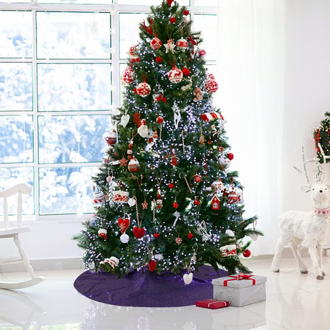 Sequin Christmas Tree Skirt, Sequin Xmas Tree Mat Glitter Sequin Tree Skirt Sparkle Halloween Tree Skirt for Thanksgiving New Year Tree Skirt (50", Purple)