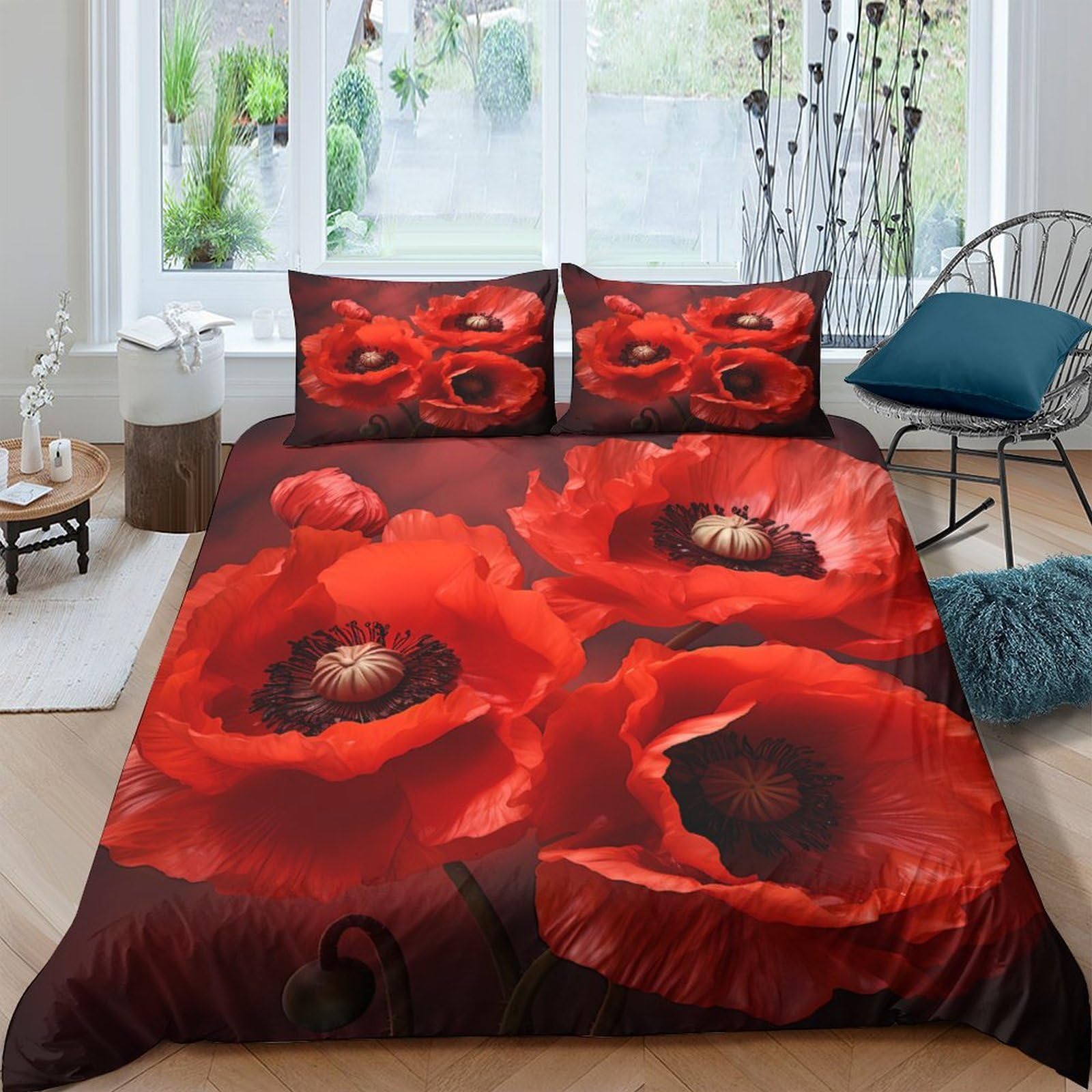 Ctjqhvkz Style-6 3D Printed Red Poppy Flower Fitted Sheet Microfiber Soft Anti-Slip Bed Cover For Bedroom Living Room Dorm Decor Single（135X200cm）