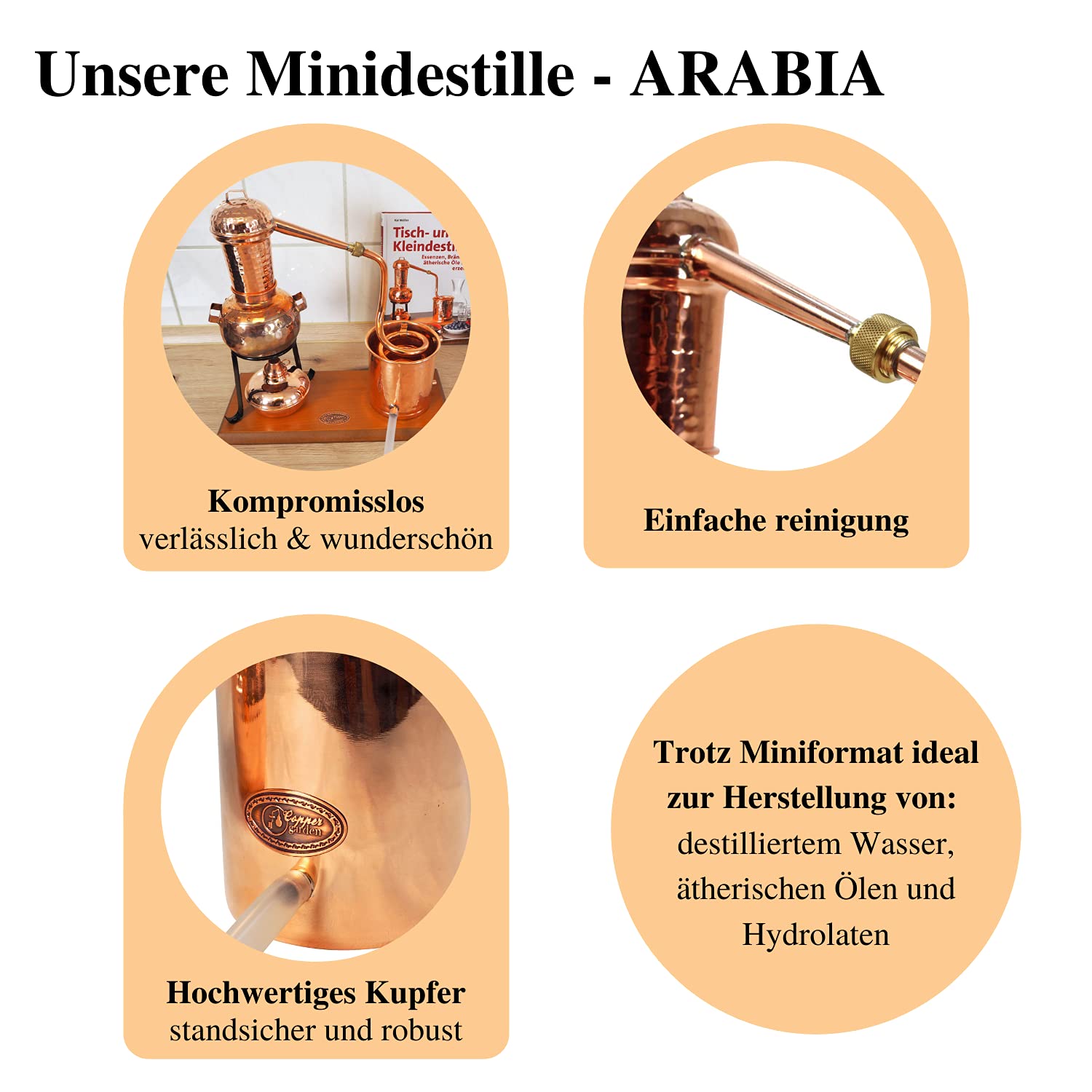 CopperGarden Kupfer Destille ARABIA 0,5 Liter I Geniale Tischdestille mit Aromasieb & Spiritusbrenner im Miniformat I Legales Destilliergerät für ätherische Öle/Hydrolate/Düfte/Wasser etc.