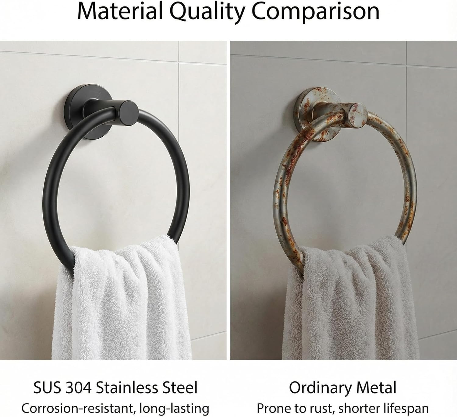 Towel Ring for Bathroom Wall 2 Pack, Stainless Steel Hand Towel Holder Heavy Duty Wall Mounted Towel Hanger for Bathroom Kitchen Powder Room Guest Bathroom Home Use Black