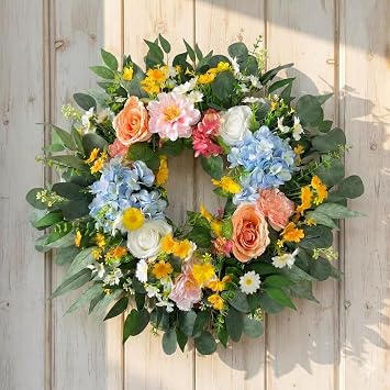 26 Inch Spring Summer Wreath for Front Door with Hydrangea, Peony & Rose Wild Flowers Eucalyptus Leaves, Summer Wreath for Home Decor Farmhouse Wall Window Spring Decor Indoor Outdoor Decor