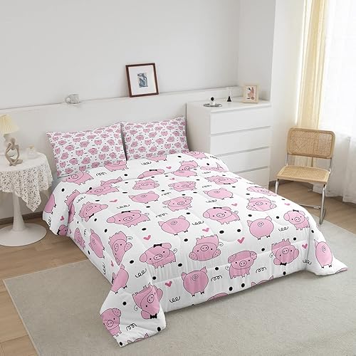 Miniatura 2 de Erosebridal Juego de edredón de cerdo rosa para niñas, decoración de habitación kawaii, juego de ropa de cama de lindos cerdos para niños y niños,