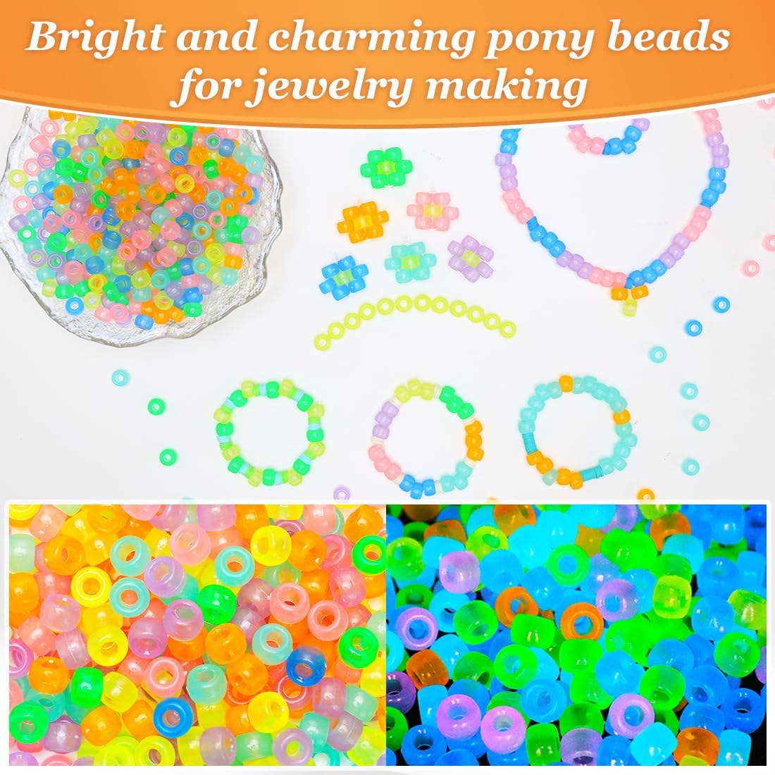 Eppingwin 4500pcs Wholesale Large Pony Beads (6x9 mm) Bucket, Easy Storage Kandi Bead Bulk for Halloween Christmas, Beads for Jewelry Making Crafts (Glow in The Dark)