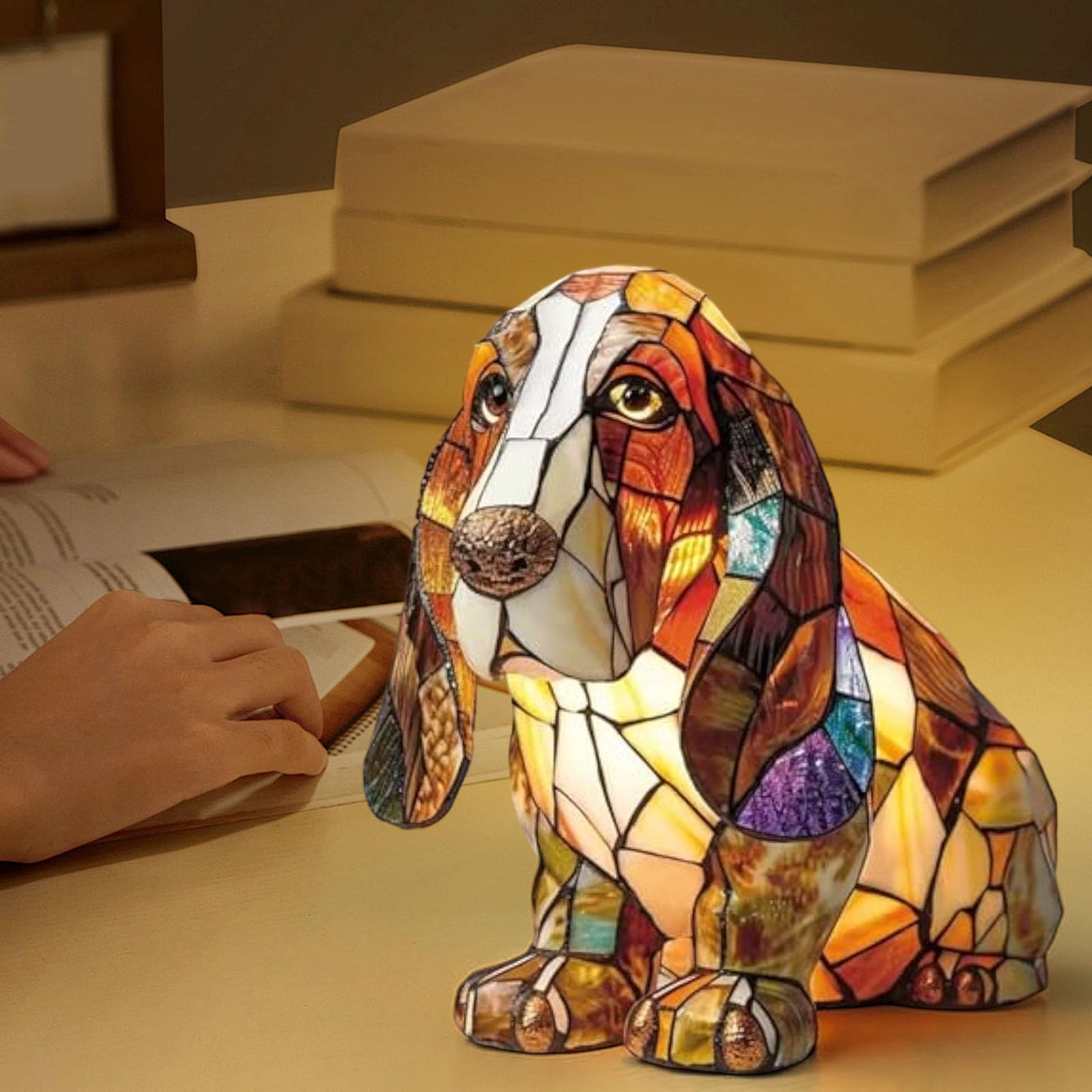 Dog Lamp Stained Glass Lamp, Led Dog Series Art Night Light, Resin Dogs Bedside Lamps, Cute Animal LED Table Plug in Lamp, Living Room and Bedroom Home Decoration for Dog Lovers and Pet Owners (D)