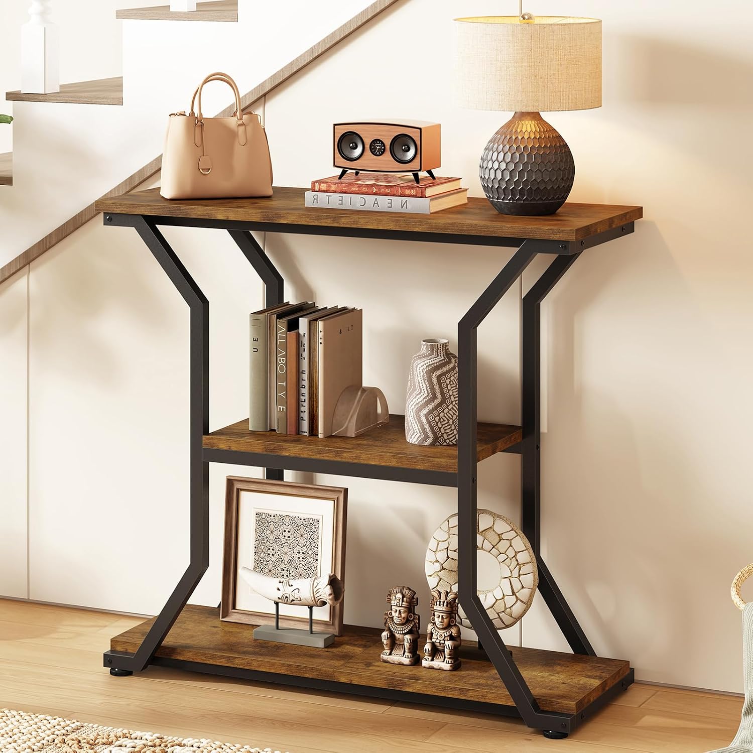 3-Tier Console Table with Open Shelves, Narrow Decorative Entryway Table with Metal Frames, Slim Sofa Table for Entrance, Living Room, Hallway,