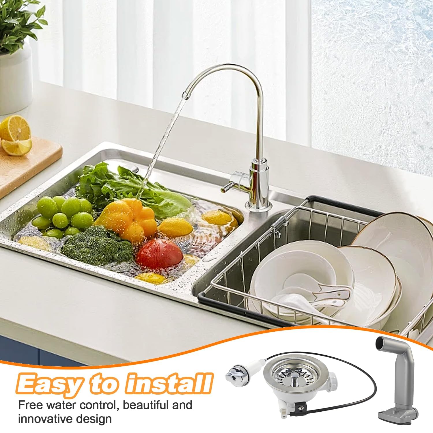 Scarico Lavandino 114 Mm Con Troppopieno Quadrato – Piletta In Acciaio Inox E Sifone Universale Per Cucina E Bagno