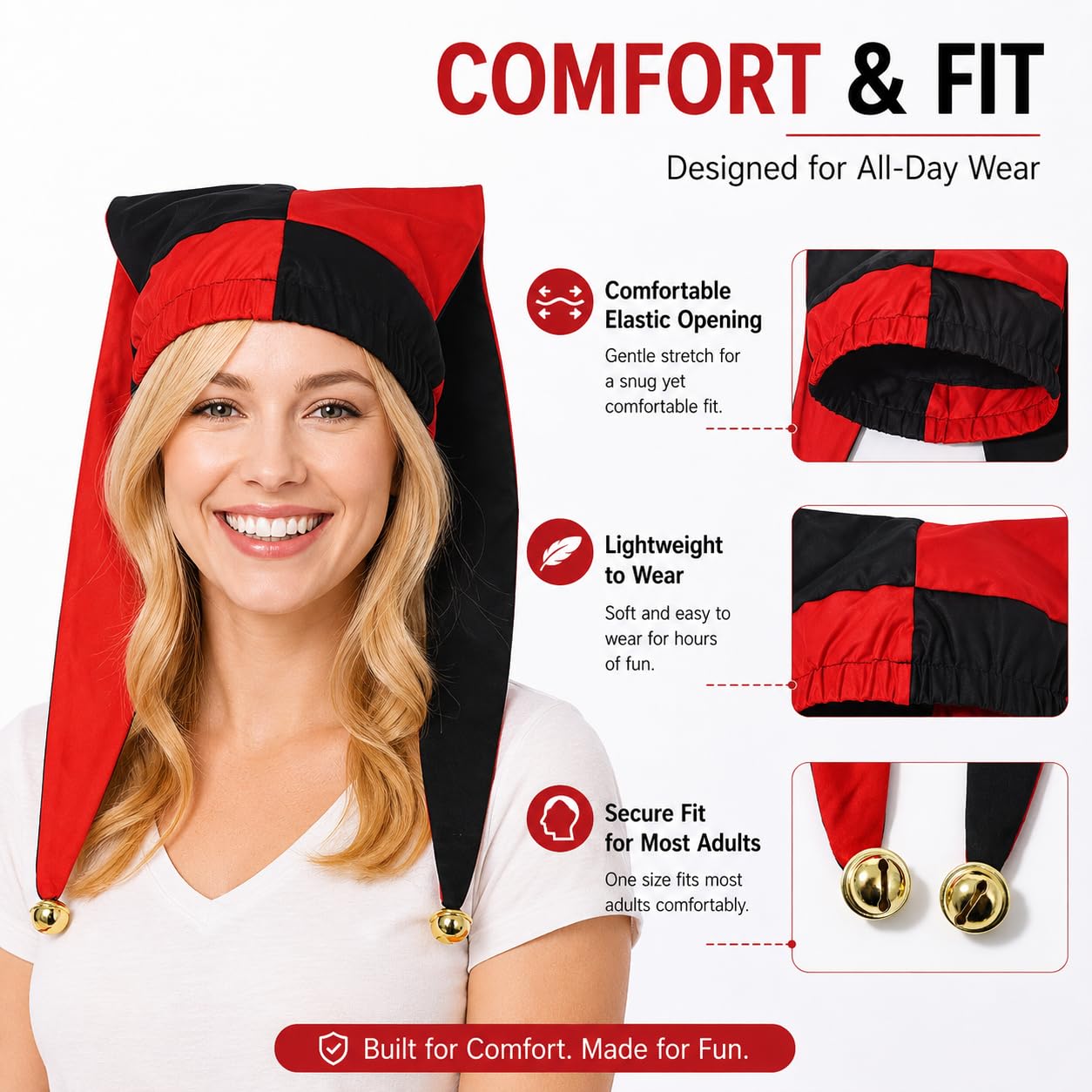 ANDHOM Jester Hat with Bells Harlequin Diamond Pattern for Halloween Christmas Costume Accessory - Image 4