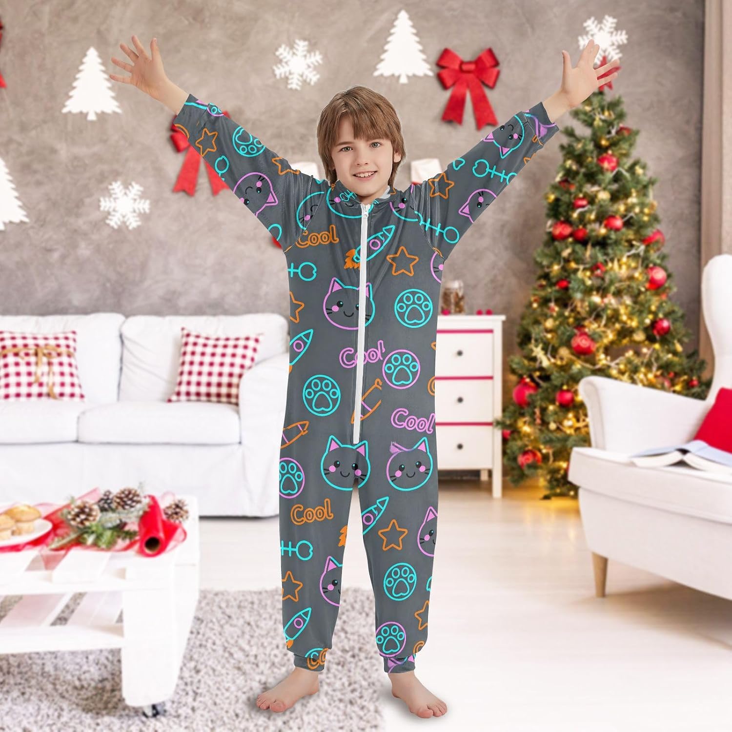 Cute Cat and Paw Dark Grey Kids Onesie Pajamas Zip Up Hooded Christmas Costume for Toddlers Boys Girls trajes de