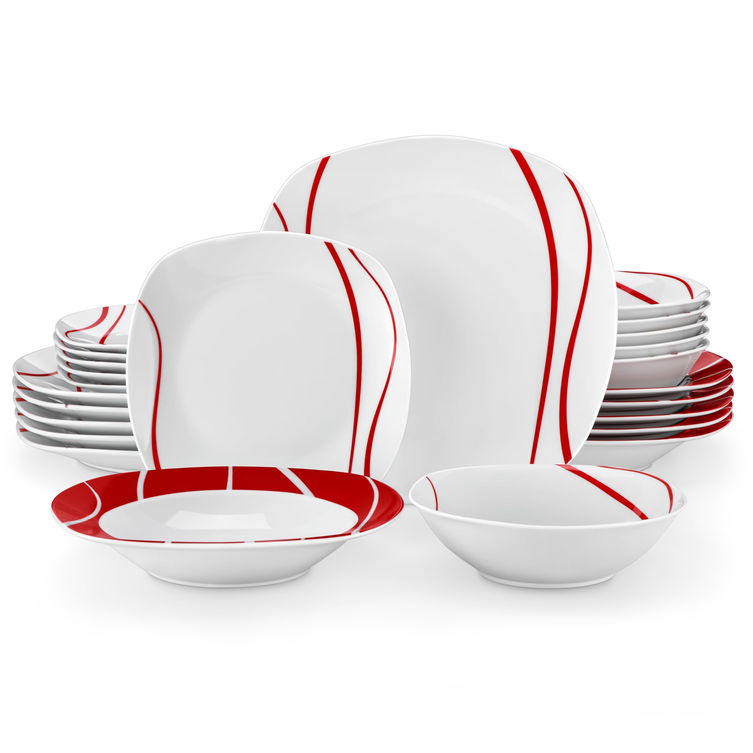 MALACASA Geschirrset 6 Personen, Felisa 24tlg Tafelservice aus Porzellan, Modernes Geschirr Set mit je 6 Speiseteller, Dessertteller, Suppenteller und Schüsseln, perfekt für Weihnachten und den Alltag