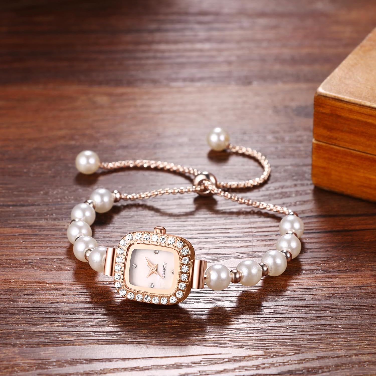 Avaner Women's Bracelet Wrist Watches: Pearls Slim Strap Rosegold Analog Quartz Elegant Dress Watches - Image 2