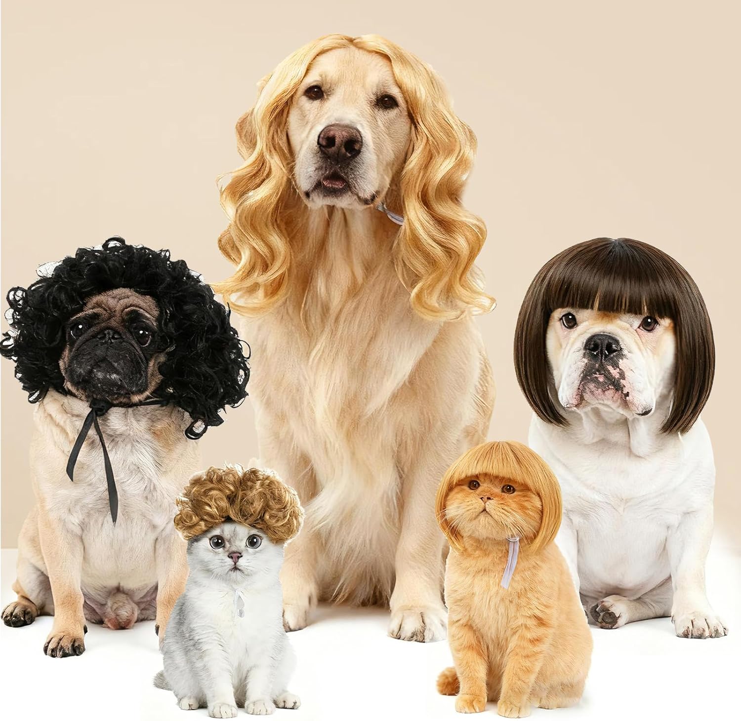 6 Pack Funny Cat and Dog Wigs, Soft Pet Cosplay Costume with Adjustable Straps, for Halloween Christmas Party Dress-Up, Ideal Gift for Pet Lovers