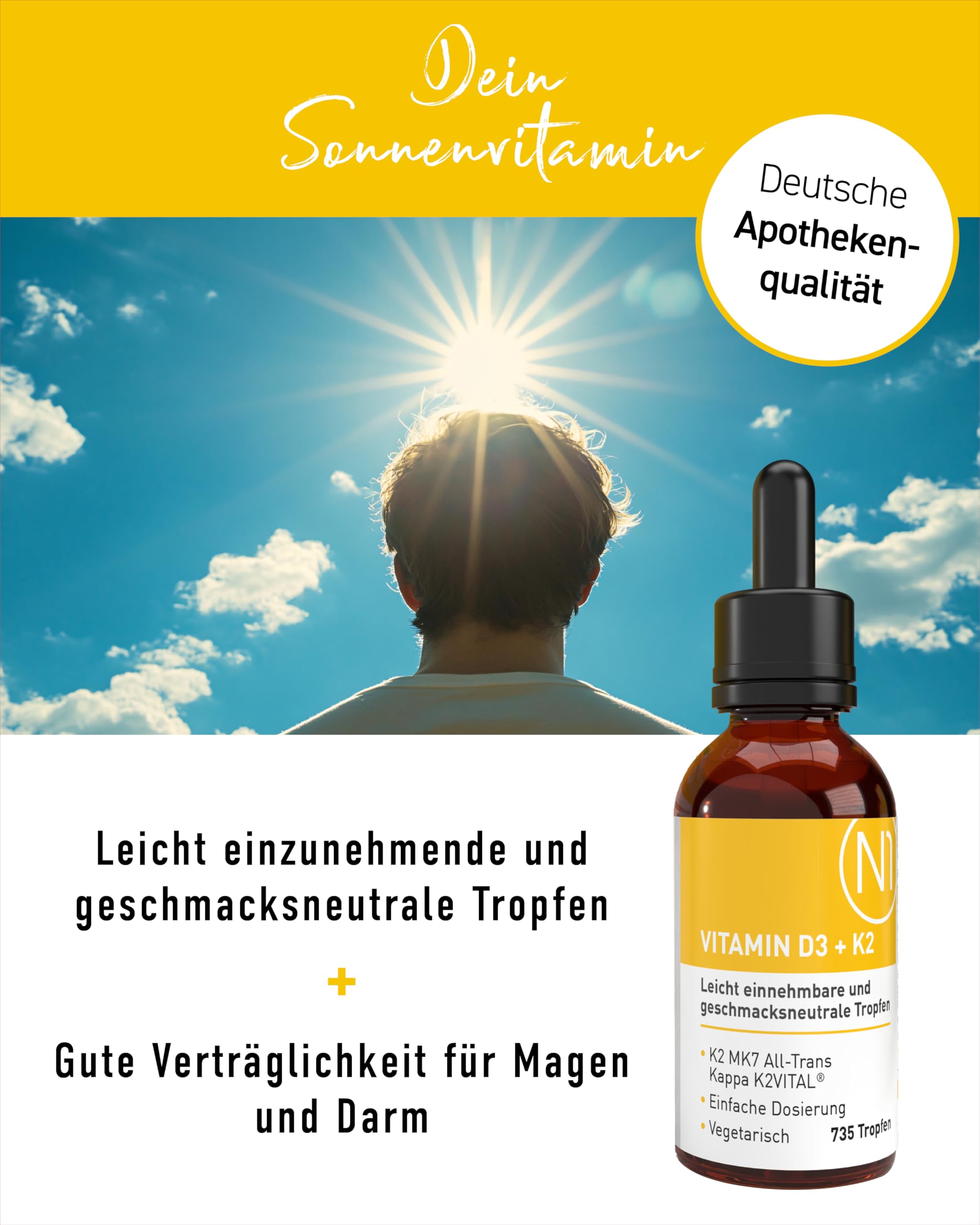 N1 Vitamin D3 K2 Tropfen 5x20ml - Hochdosiert & Optimal Dosiert | Premium mit 99,7% All-Trans K2VITAL von Kappa und bioverfügbarem D3 - für Knochen, Zähne und Immunsystem, ohne Zusätze