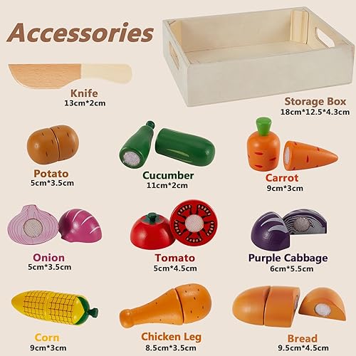 Miniatura 4 de HERSITY Cesta de pícnic, juguetes de madera para niños pequeños, cortar verduras, juguetes para niños, accesorios de cocina, juego de fiesta de té,