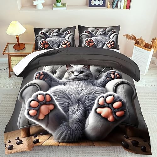 Cute Cat Comforter Set Queen,Grey Kawaii Cat Bedding Set Adult,Cute