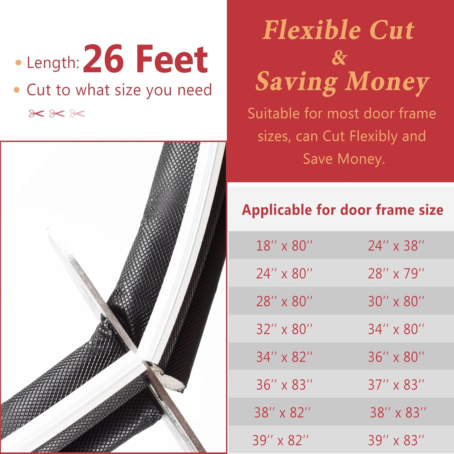 26 Feet Long Reach Weather Stripping Door Seal, V-Shaped Replacement Door Seal Strip Foam Kerf Weather Stripping for Doors Frame Card Slot Door Insulation Strip, Easy Cut to Size(Black)