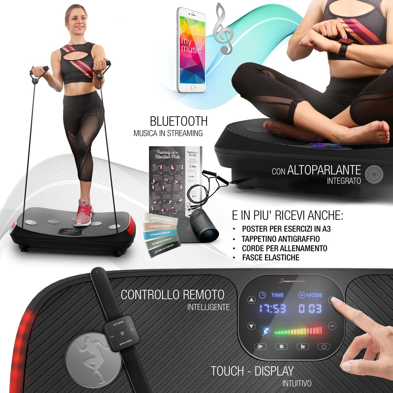 Sportstech - VP400 4D Pedana Vibrante, Curvo Pedana Vibrante Fitness con Tecnologia Smart LED, Compatto Attrezzi Fitness con Orologio Remoto, Fasce di Resistenza e Pavimento Tappetino da Palestra