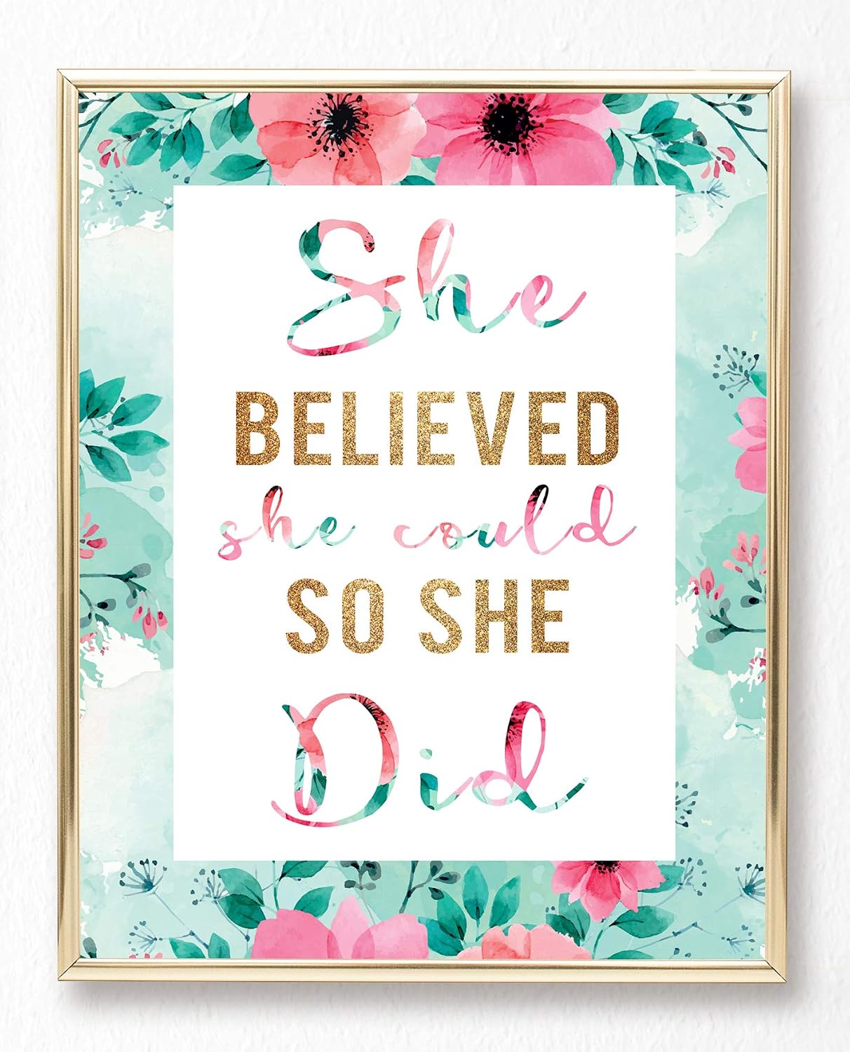 Brooke & Vine Gold Pineapple, She believed she could so she Did- Inspirational Teen Girl Room Wall Decor Art Prints (UNFRAMED 8 x 10) Women, Tween, Kids Motivational Wall Art for Bedroom, Office, Home - Gold Palm Aqua Pineapple
