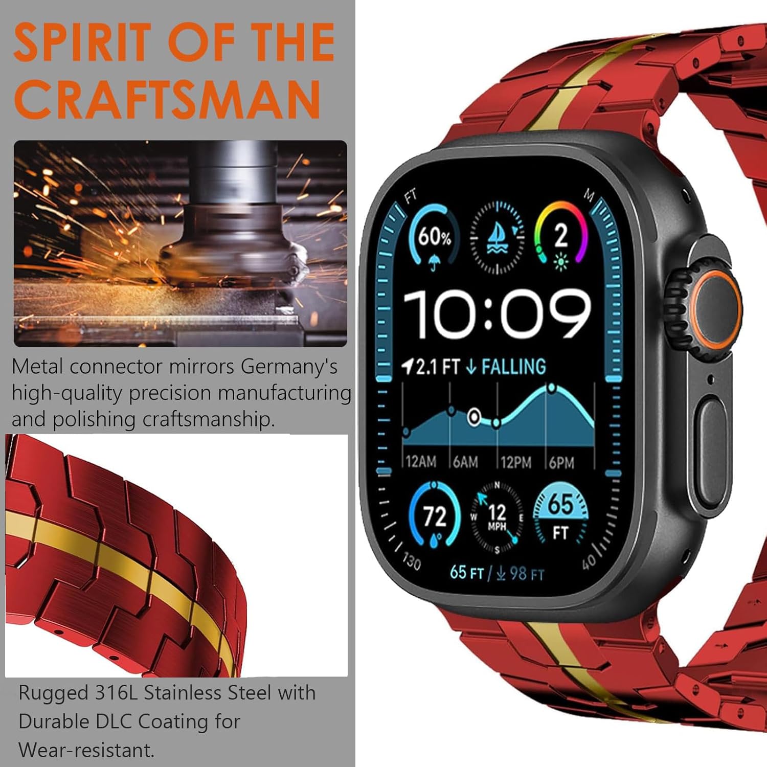 WINGLE Stainless Steel Bands for Apple Watch Band Ultra 3/2/1 Band Ultra 49mm Series 11 10 46mm 45mm 44mm 42mm SE 3/2/1 Series 9 8 7 6 5 4 3 2 Men, Classy Business Rugged Metal iWatch Bands, Red/Gold - Image 2