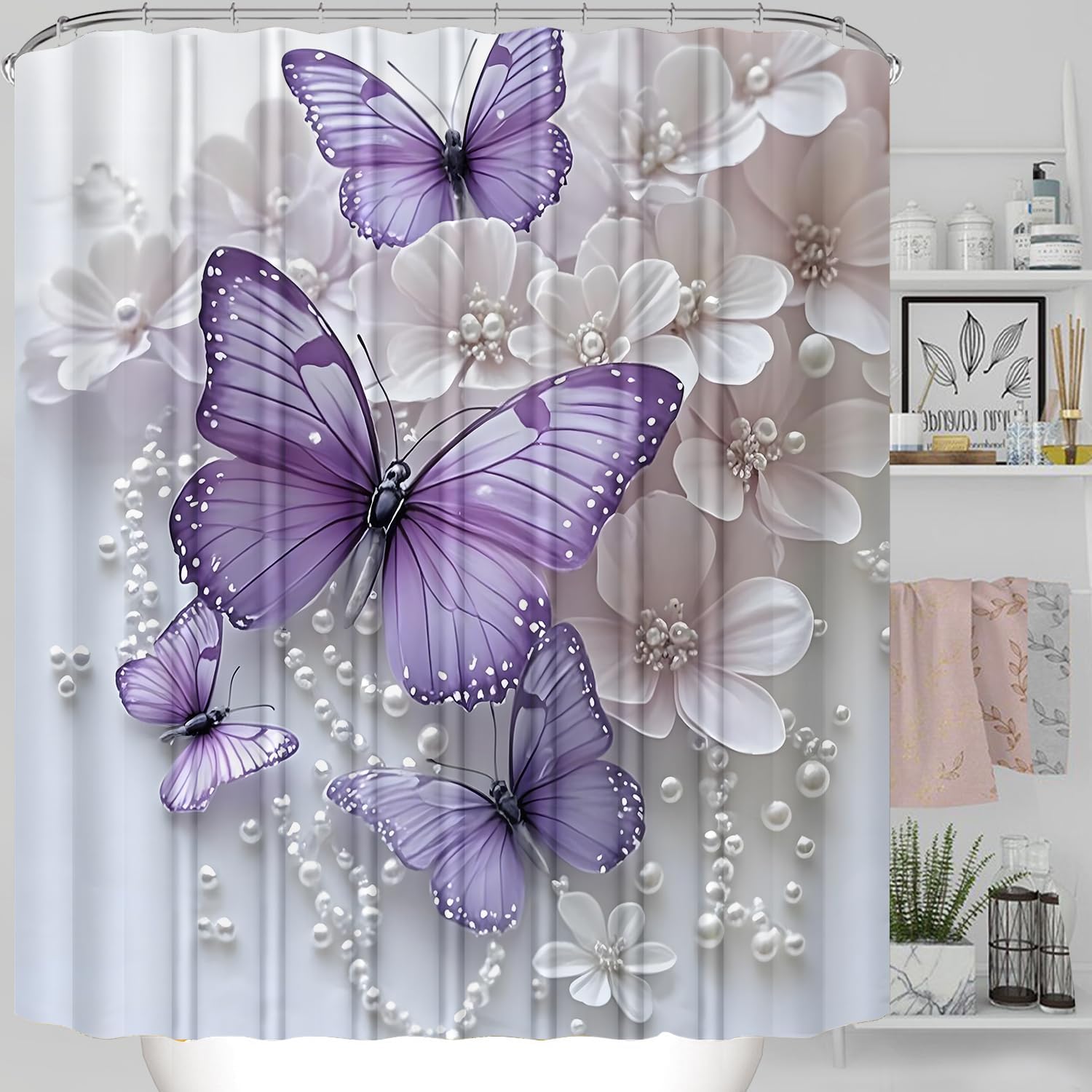 ZLQQ 4Pcs Butterfly Shower Curtain Sets with Rugs Butterfly Pearl Bathroom Set with Non-Slip Rugs Toilet Lid Cover and Bath Mat Vintage Shower Curtain with 12 Hooks, Durable Bathroom Decor Set
