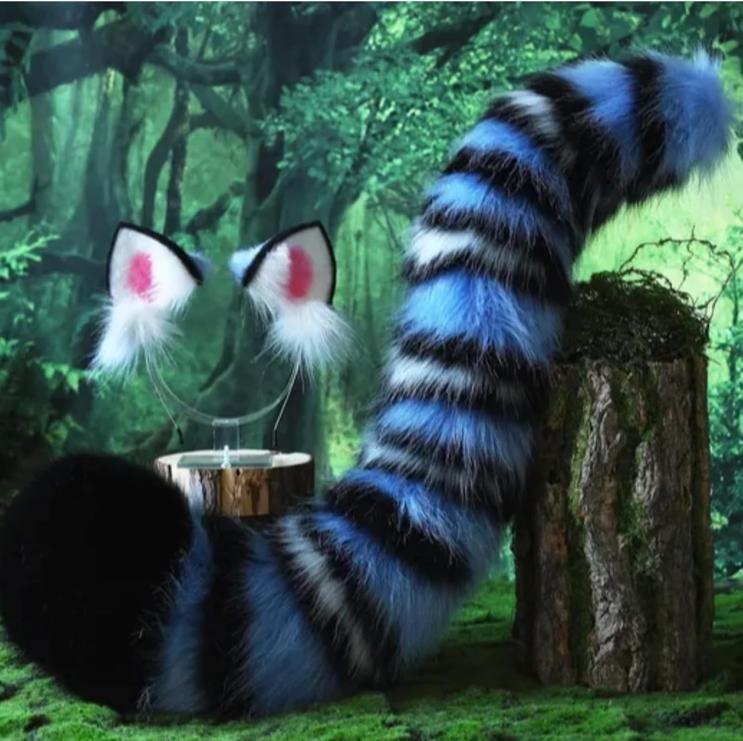 Suncalla Tiger Ears and Tail Set, Black, Blue White Stripes, Costume Accessories for Carnival, Role Play Kpop Themed Costume Accessories for Women Party